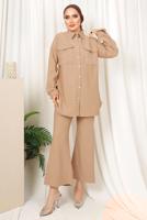 Tesettür giyim KAHVE ÇİZGİLİ DÜĞMELİ PANTOLONLU TAKIM T 4333