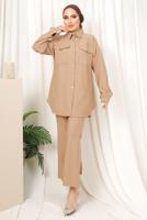 Tesettür giyim KAHVE ÇİZGİLİ DÜĞMELİ PANTOLONLU TAKIM T 4333