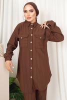 Tesettür giyim KAHVE ÇİZGİLİ DÜĞMELİ PANTOLONLU TAKIM T 4333