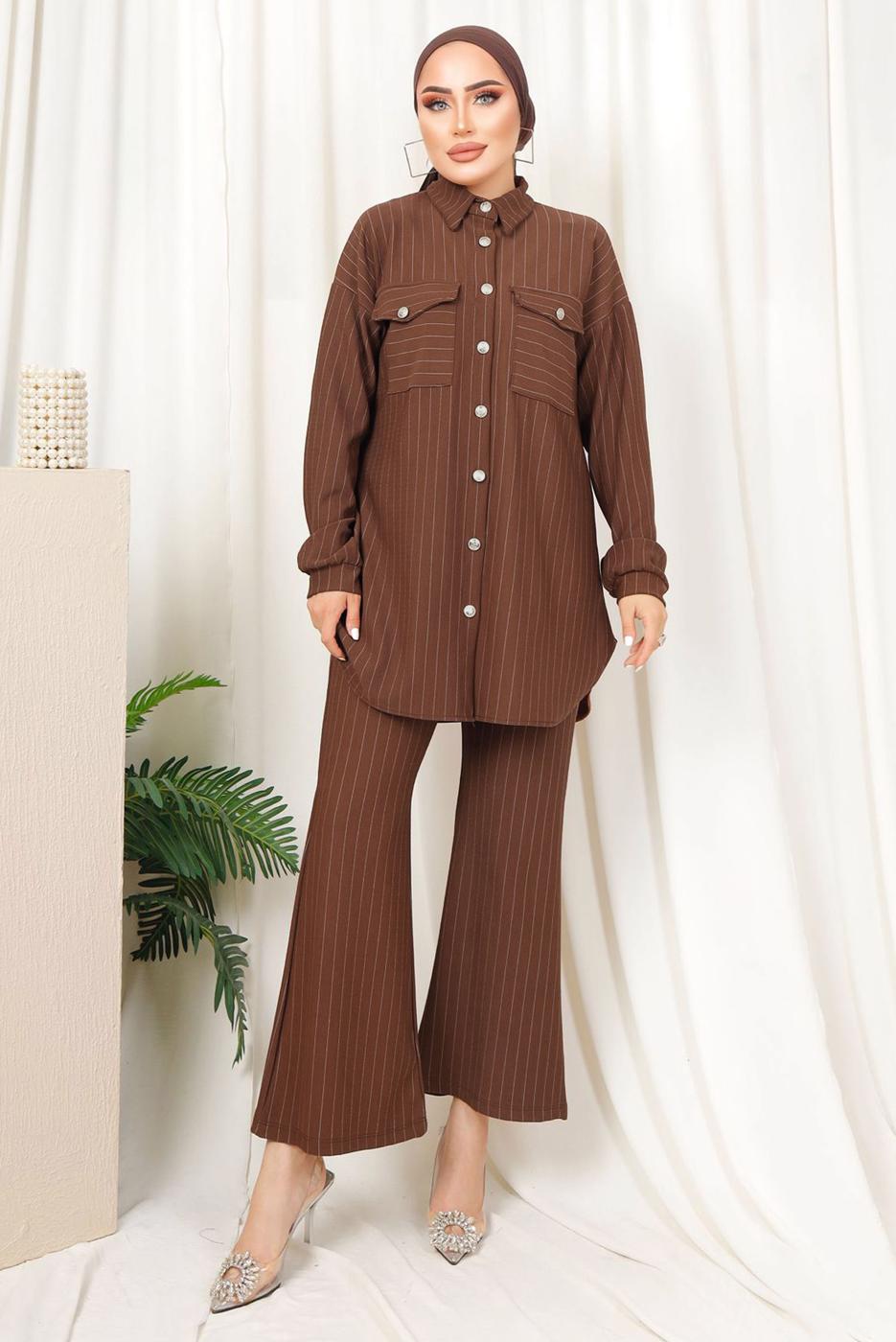 Tesettür giyim KAHVE ÇİZGİLİ DÜĞMELİ PANTOLONLU TAKIM T 4333