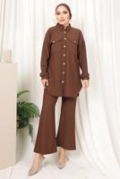 Tesettür giyim KAHVE ÇİZGİLİ DÜĞMELİ PANTOLONLU TAKIM T 4333