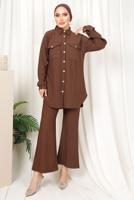 Tesettür giyim KAHVE ÇİZGİLİ DÜĞMELİ PANTOLONLU TAKIM T 4333
