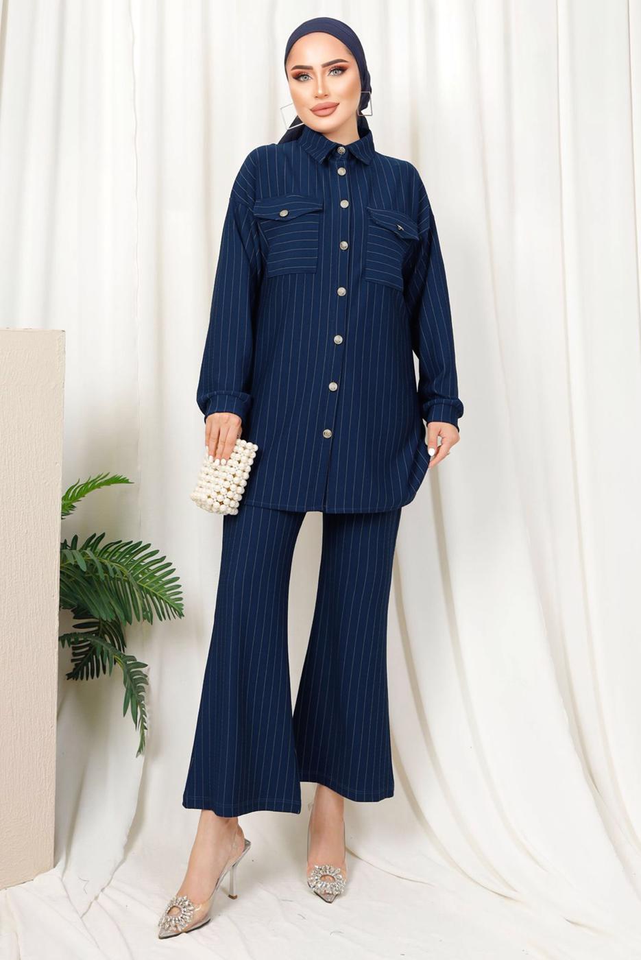 Tesettür giyim LACİVERT ÇİZGİLİ DÜĞMELİ PANTOLONLU TAKIM T 4333