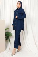 Tesettür giyim LACİVERT ÇİZGİLİ DÜĞMELİ PANTOLONLU TAKIM T 4333