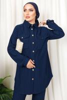 Tesettür giyim LACİVERT ÇİZGİLİ DÜĞMELİ PANTOLONLU TAKIM T 4333