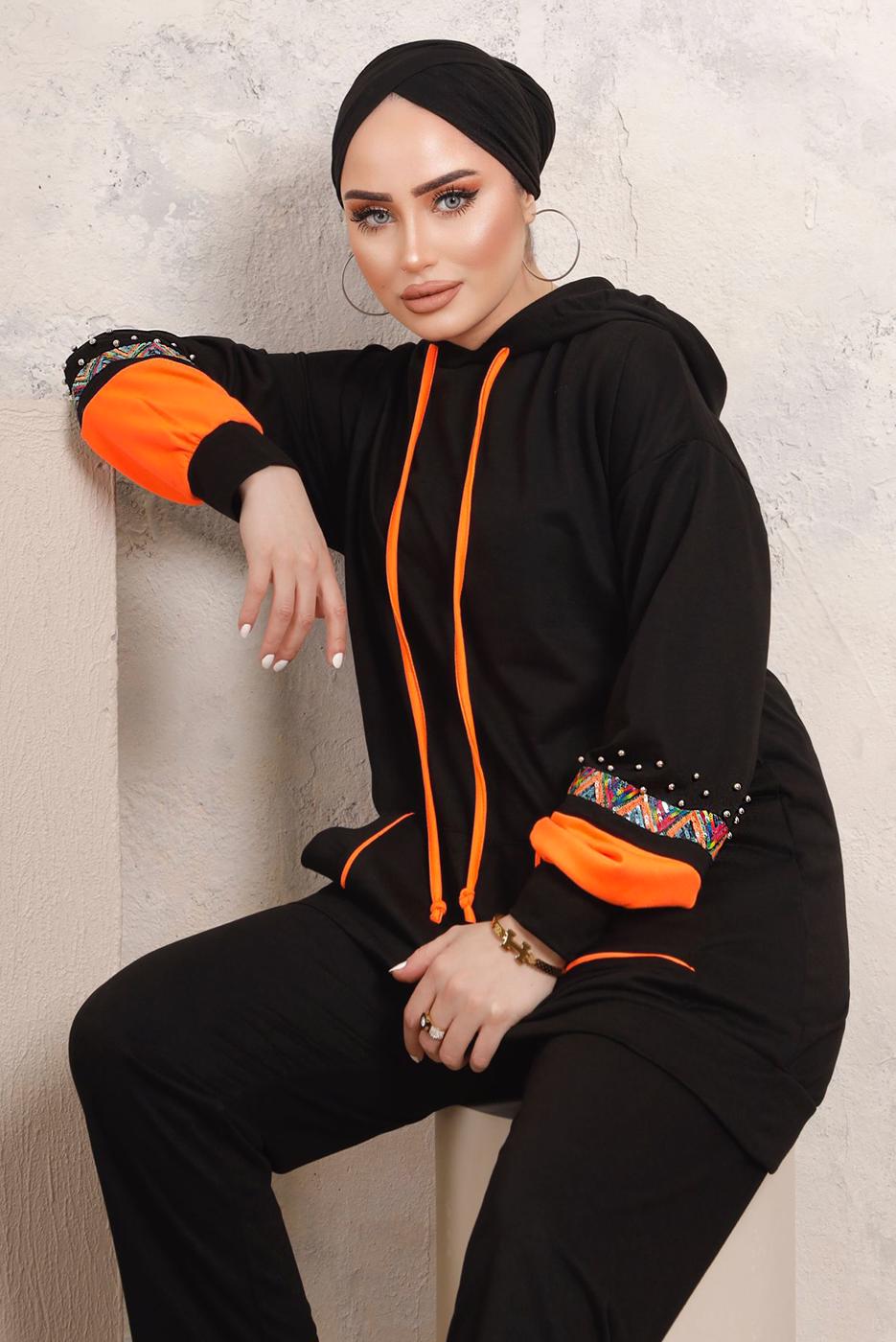 Tesettür giyim SİYAH PUL VE BONCUK İŞLEME DETAYLI PANTOLONLU TAKIM T 4403