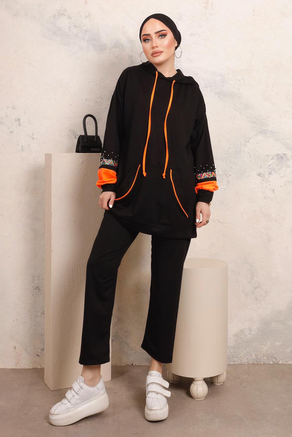 Tesettür giyim SİYAH PUL VE BONCUK İŞLEME DETAYLI PANTOLONLU TAKIM T 4403