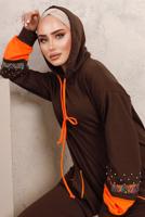 Tesettür giyim KAHVE PUL VE BONCUK İŞLEME DETAYLI PANTOLONLU TAKIM T 4403