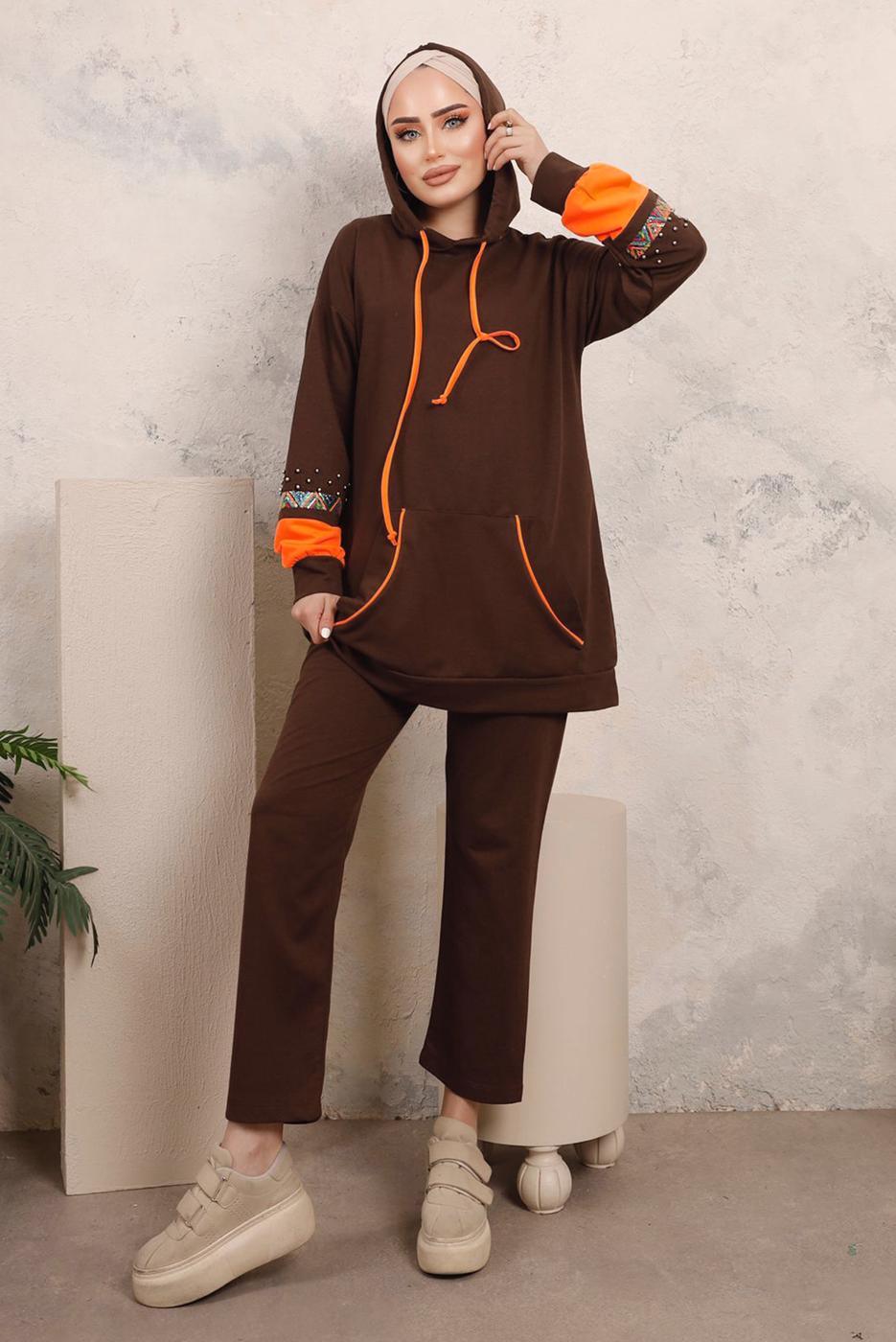 Tesettür giyim KAHVE PUL VE BONCUK İŞLEME DETAYLI PANTOLONLU TAKIM T 4403