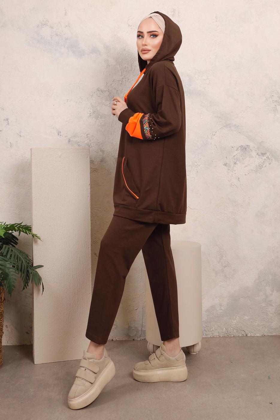 Tesettür giyim KAHVE PUL VE BONCUK İŞLEME DETAYLI PANTOLONLU TAKIM T 4403