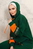 Tesettür giyim YEŞİL PUL VE BONCUK İŞLEME DETAYLI PANTOLONLU TAKIM T 4403