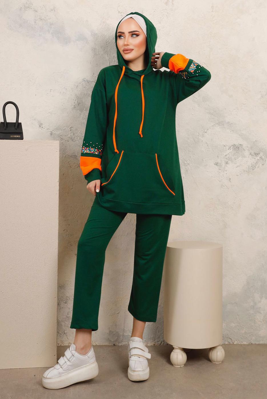 Tesettür giyim YEŞİL PUL VE BONCUK İŞLEME DETAYLI PANTOLONLU TAKIM T 4403