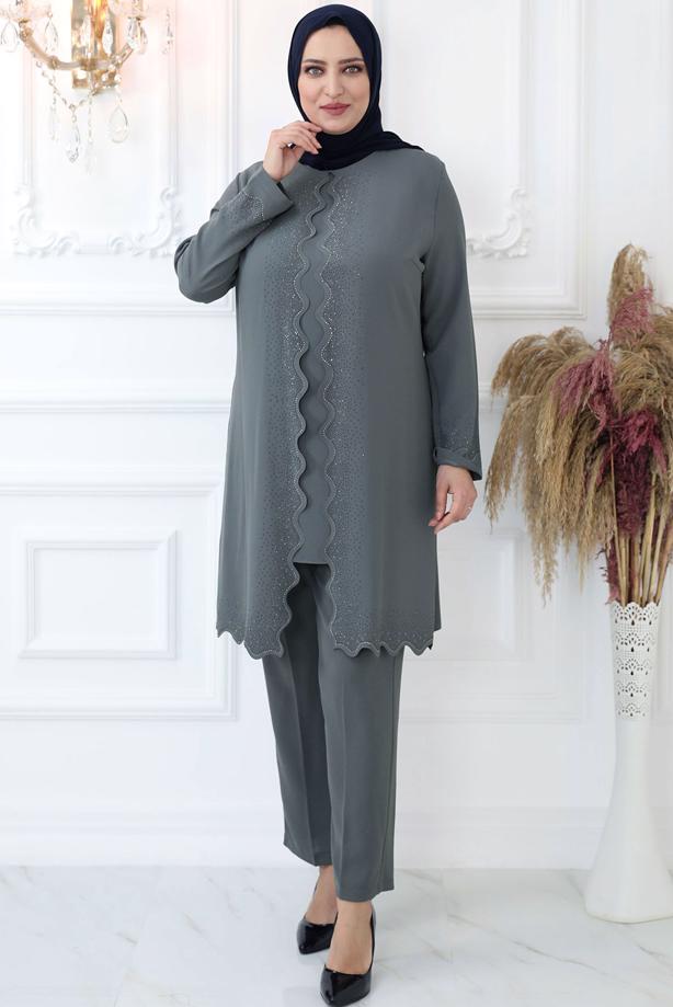 Hijab clothing GREY GEM EMBROIDERED PANTS SUIT T 4521 - TRENDTESETTÜR