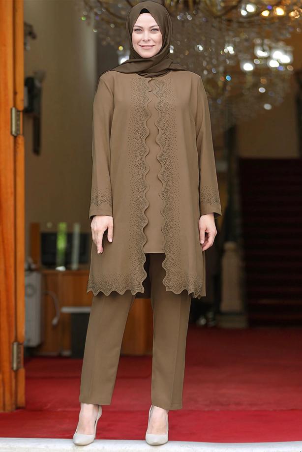 Tesettür giyim VİZON TAŞ İŞLEMELİ PANTOLONLU TAKIM T 4521 - TRENDTESETTÜR