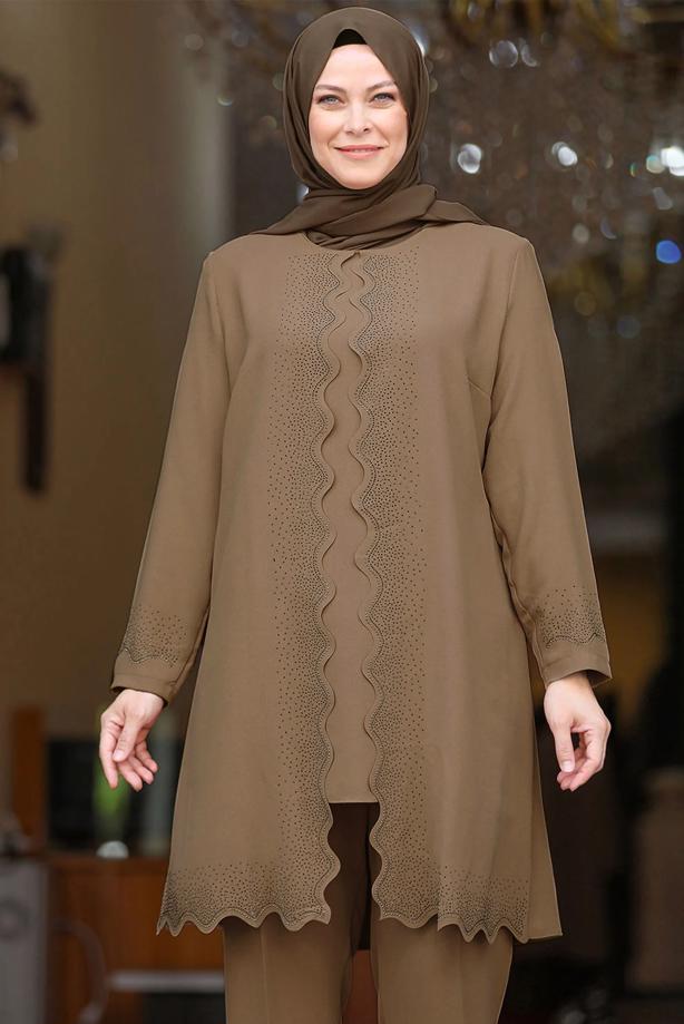Tesettür giyim VİZON TAŞ İŞLEMELİ PANTOLONLU TAKIM T 4521 - TRENDTESETTÜR