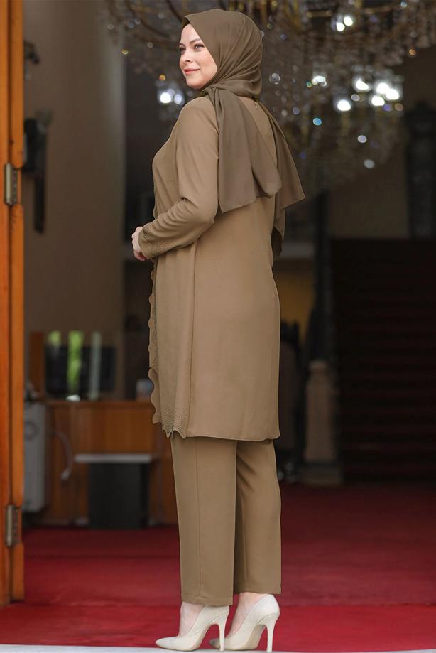 Tesettür giyim VİZON TAŞ İŞLEMELİ PANTOLONLU TAKIM T 4521 - TRENDTESETTÜR