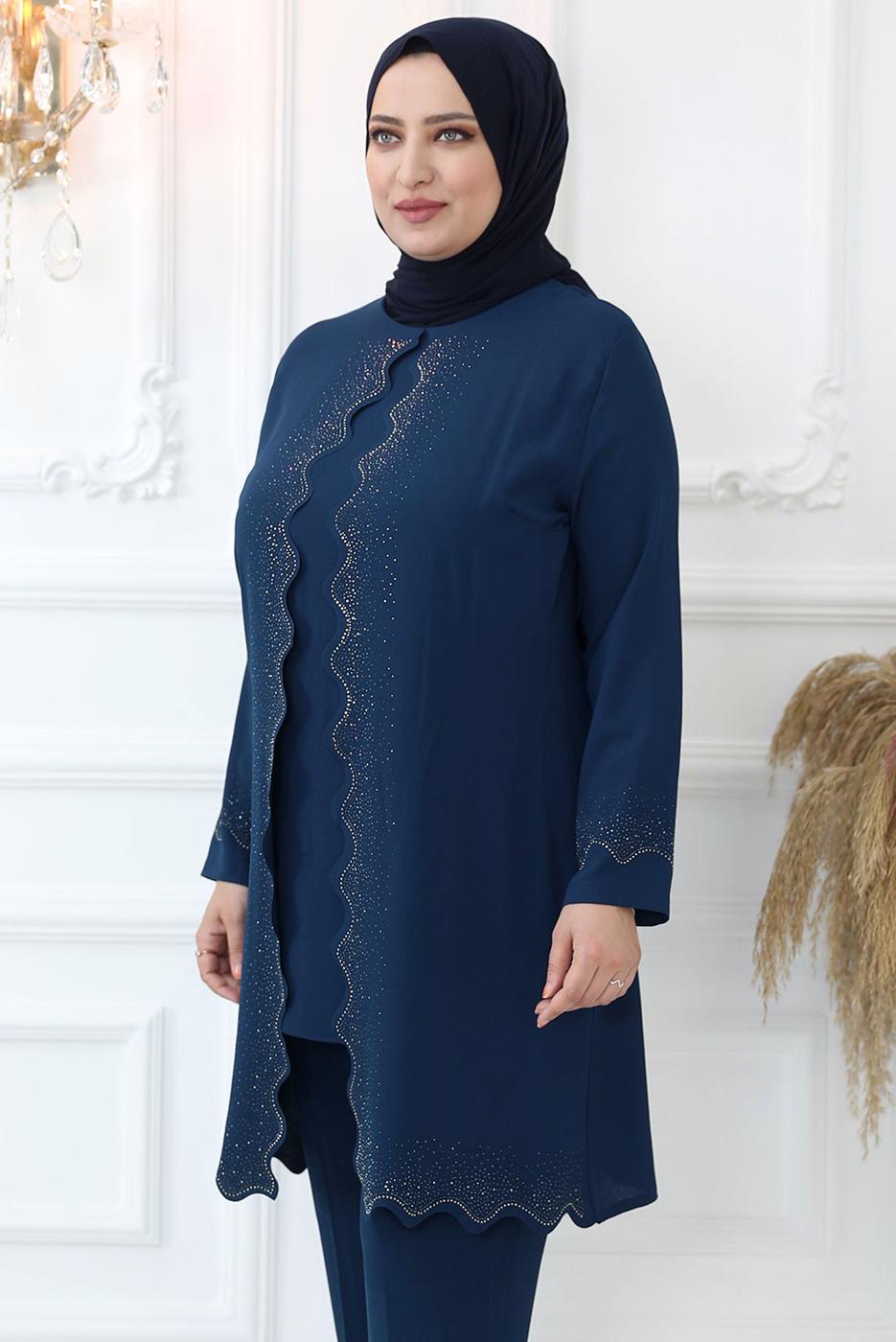 Tesettür giyim LACİVERT TAŞ İŞLEMELİ PANTOLONLU TAKIM T 4521