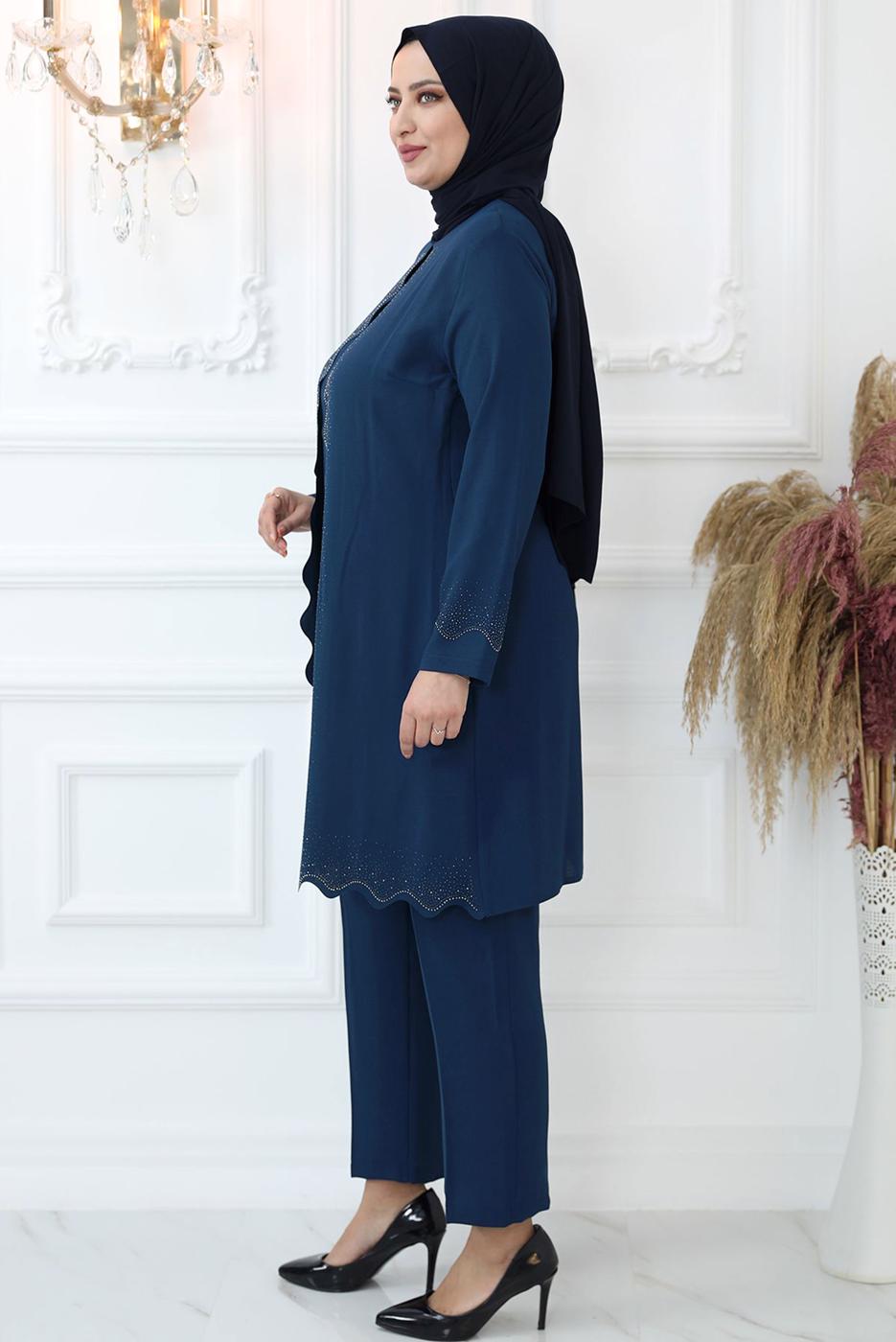 Tesettür giyim LACİVERT TAŞ İŞLEMELİ PANTOLONLU TAKIM T 4521