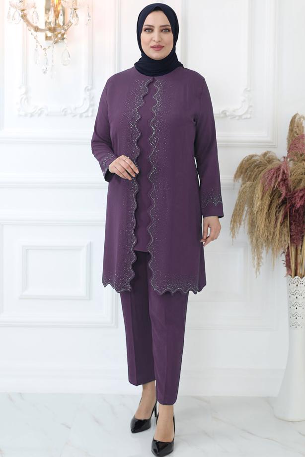 Tesettür giyim MOR TAŞ İŞLEMELİ PANTOLONLU TAKIM T 4521 - TRENDTESETTÜR
