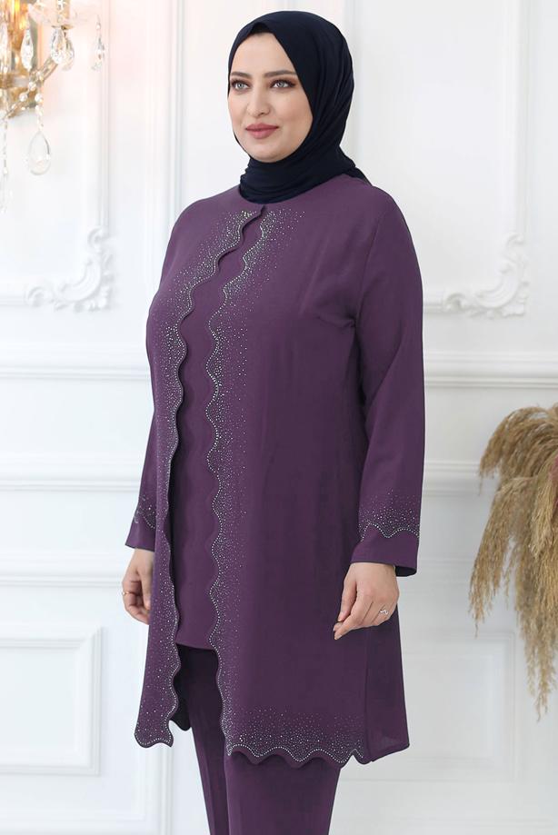 Tesettür giyim MOR TAŞ İŞLEMELİ PANTOLONLU TAKIM T 4521 - TRENDTESETTÜR