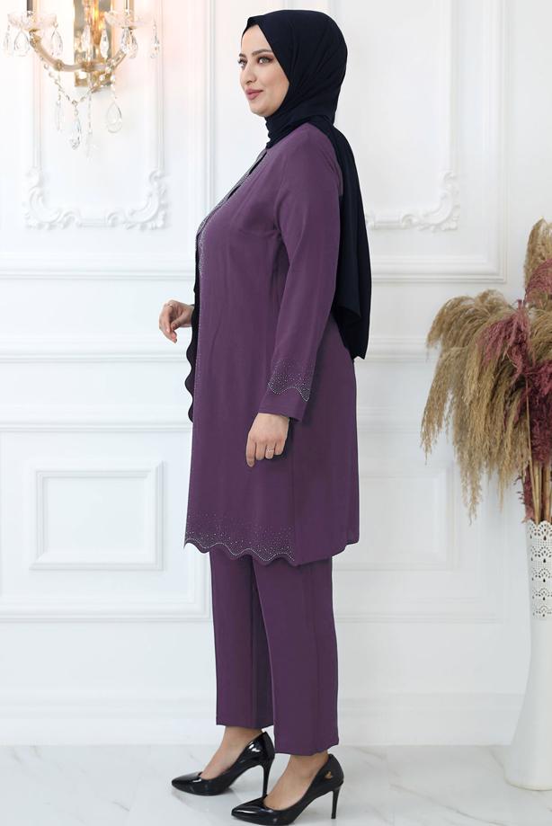 Tesettür giyim MOR TAŞ İŞLEMELİ PANTOLONLU TAKIM T 4521 - TRENDTESETTÜR