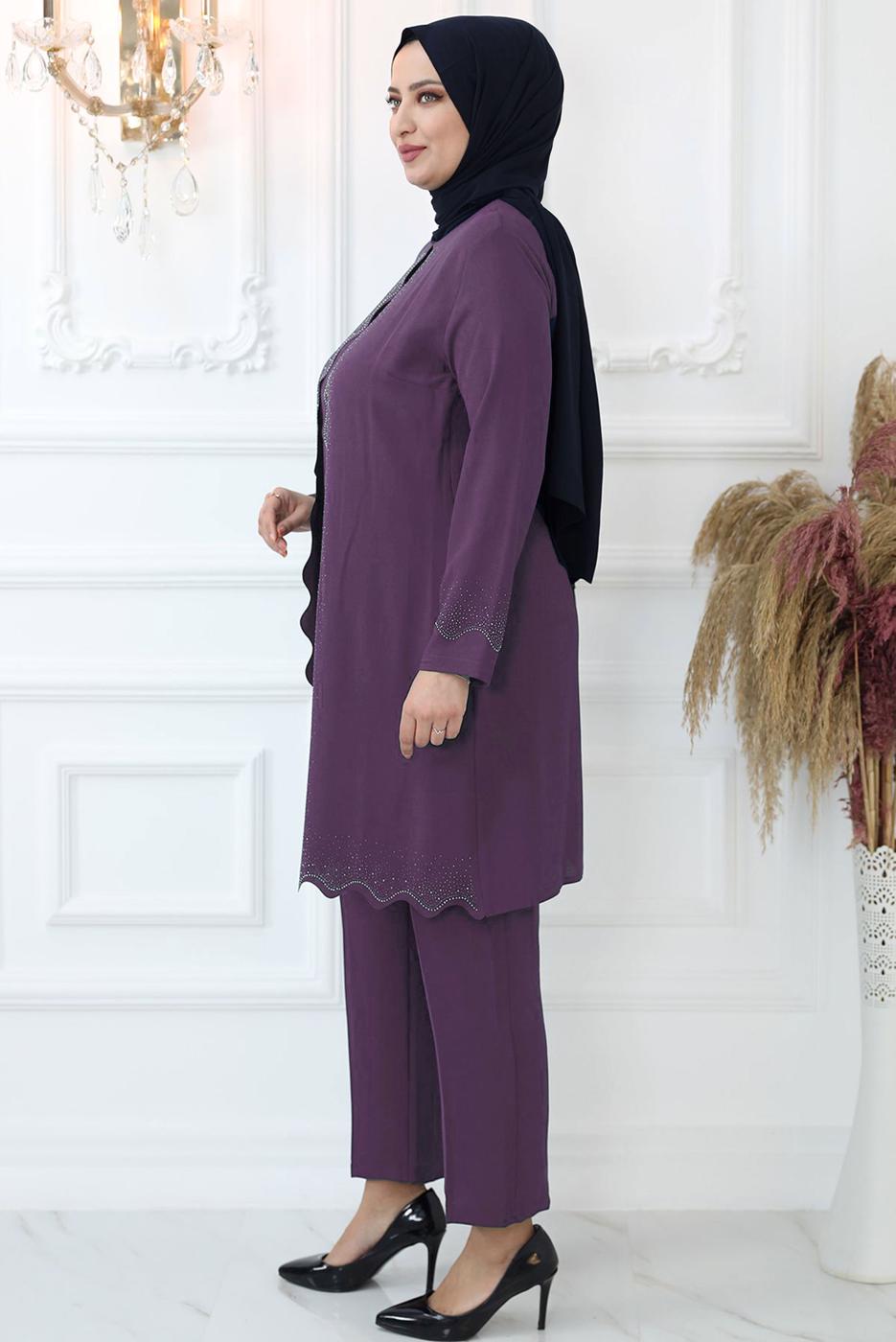 Tesettür giyim MOR TAŞ İŞLEMELİ PANTOLONLU TAKIM T 4521