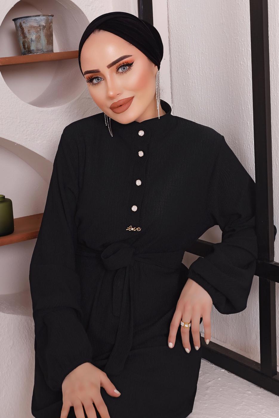 Tesettür giyim SİYAH KUŞAKLI DÜĞME DETAYLI İKİLİ PANTOLONLU TAKIM T 4592