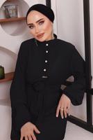 Tesettür giyim SİYAH KUŞAKLI DÜĞME DETAYLI İKİLİ PANTOLONLU TAKIM T 4592