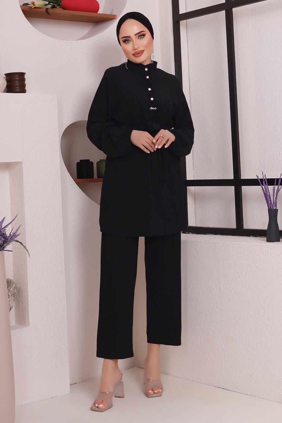 Tesettür giyim SİYAH KUŞAKLI DÜĞME DETAYLI İKİLİ PANTOLONLU TAKIM T 4592