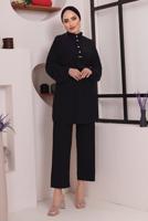 Tesettür giyim SİYAH KUŞAKLI DÜĞME DETAYLI İKİLİ PANTOLONLU TAKIM T 4592