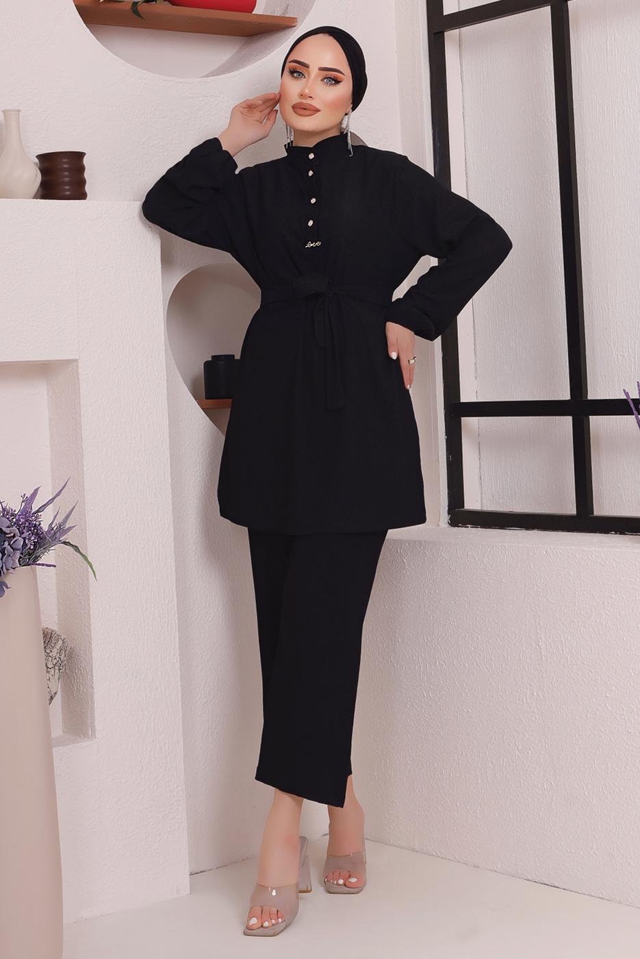 Tesettür giyim SİYAH KUŞAKLI DÜĞME DETAYLI İKİLİ PANTOLONLU TAKIM T 4592