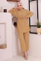 Tesettür giyim TURUNCU KUŞAKLI DÜĞME DETAYLI İKİLİ PANTOLONLU TAKIM T 4592