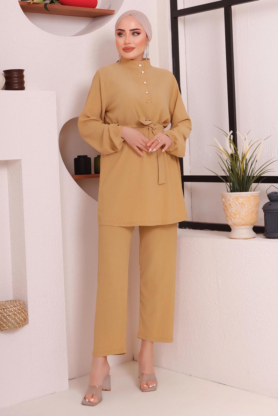 Tesettür giyim TURUNCU KUŞAKLI DÜĞME DETAYLI İKİLİ PANTOLONLU TAKIM T 4592