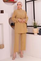 Tesettür giyim TURUNCU KUŞAKLI DÜĞME DETAYLI İKİLİ PANTOLONLU TAKIM T 4592