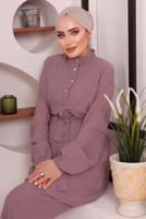 Tesettür giyim MOR KUŞAKLI DÜĞME DETAYLI İKİLİ PANTOLONLU TAKIM T 4592