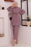 Tesettür giyim MOR KUŞAKLI DÜĞME DETAYLI İKİLİ PANTOLONLU TAKIM T 4592