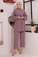 Tesettür giyim MOR KUŞAKLI DÜĞME DETAYLI İKİLİ PANTOLONLU TAKIM T 4592