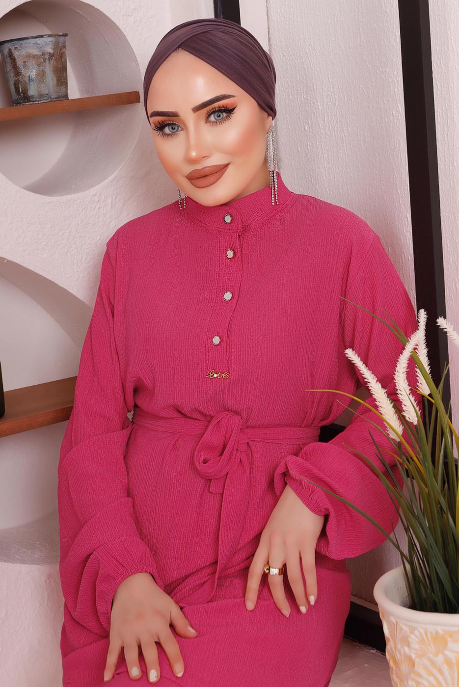 Tesettür giyim FUŞYA KUŞAKLI DÜĞME DETAYLI İKİLİ PANTOLONLU TAKIM T 4592