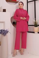 Tesettür giyim FUŞYA KUŞAKLI DÜĞME DETAYLI İKİLİ PANTOLONLU TAKIM T 4592