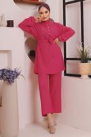 Tesettür giyim FUŞYA KUŞAKLI DÜĞME DETAYLI İKİLİ PANTOLONLU TAKIM T 4592