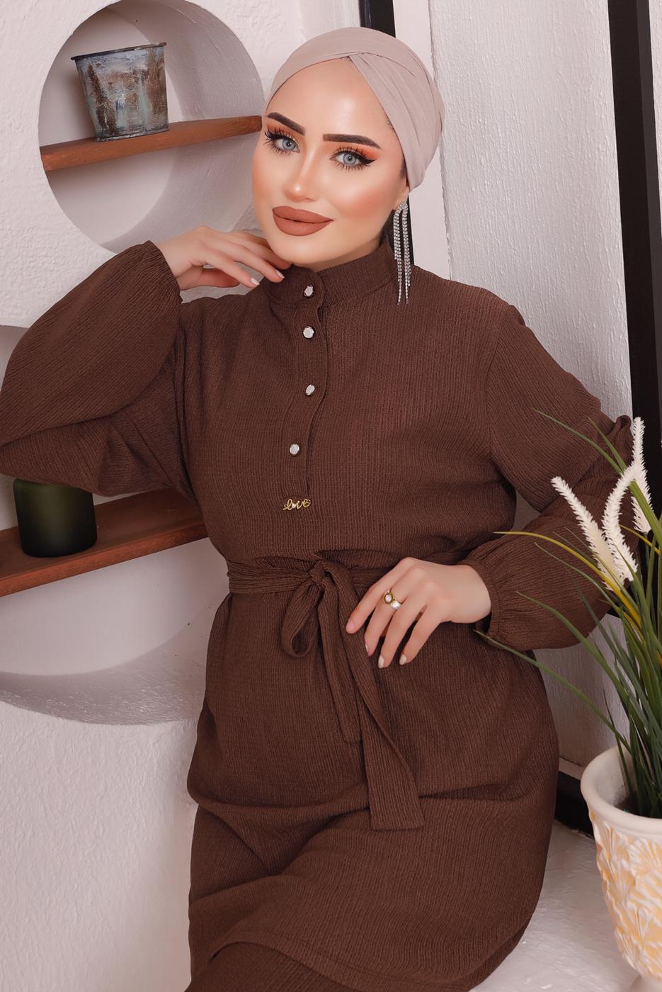 Tesettür giyim KAHVE KUŞAKLI DÜĞME DETAYLI İKİLİ PANTOLONLU TAKIM T 4592