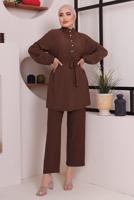 Tesettür giyim KAHVE KUŞAKLI DÜĞME DETAYLI İKİLİ PANTOLONLU TAKIM T 4592