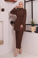 Tesettür giyim KAHVE KUŞAKLI DÜĞME DETAYLI İKİLİ PANTOLONLU TAKIM T 4592