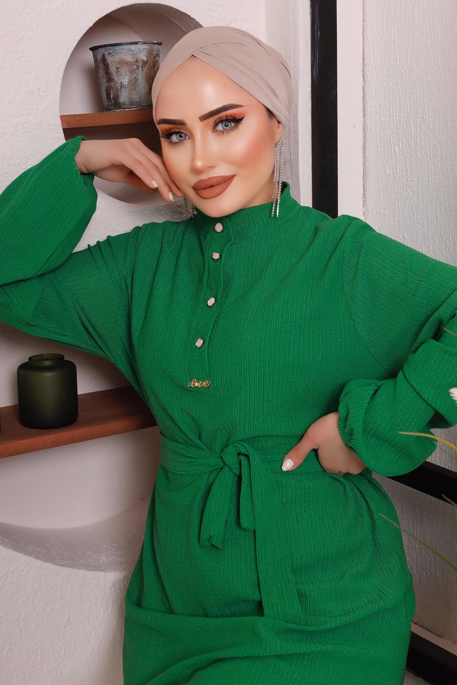 Tesettür giyim YEŞİL KUŞAKLI DÜĞME DETAYLI İKİLİ PANTOLONLU TAKIM T 4592