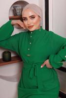 Tesettür giyim YEŞİL KUŞAKLI DÜĞME DETAYLI İKİLİ PANTOLONLU TAKIM T 4592