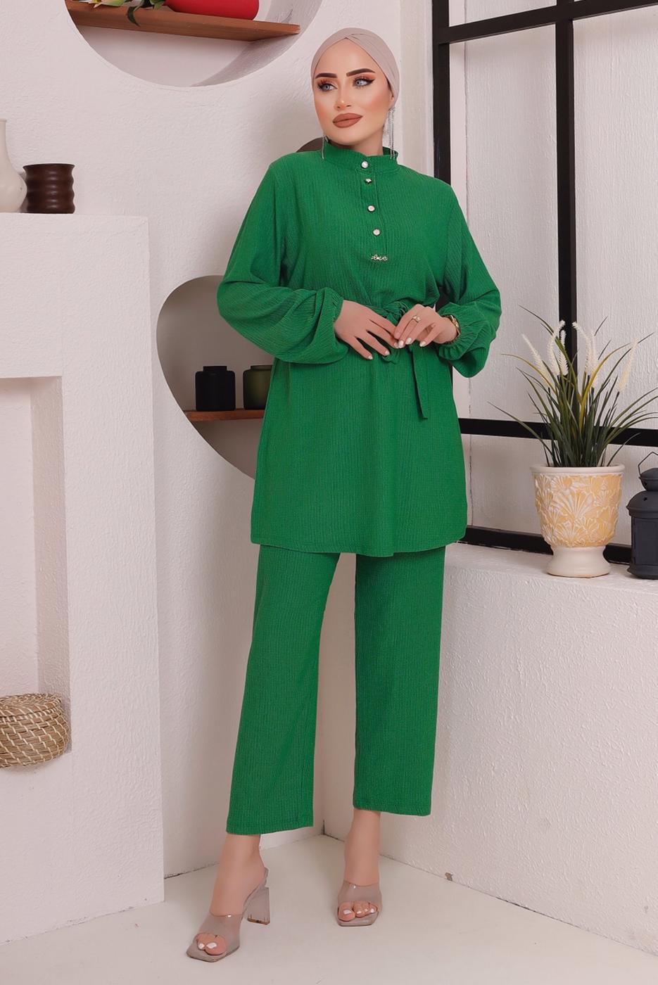 Tesettür giyim YEŞİL KUŞAKLI DÜĞME DETAYLI İKİLİ PANTOLONLU TAKIM T 4592