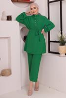 Tesettür giyim YEŞİL KUŞAKLI DÜĞME DETAYLI İKİLİ PANTOLONLU TAKIM T 4592