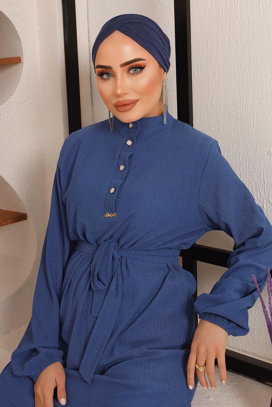 Tesettür giyim LACİVERT KUŞAKLI DÜĞME DETAYLI İKİLİ PANTOLONLU TAKIM T 4592