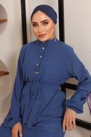 Tesettür giyim LACİVERT KUŞAKLI DÜĞME DETAYLI İKİLİ PANTOLONLU TAKIM T 4592