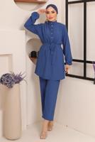Tesettür giyim LACİVERT KUŞAKLI DÜĞME DETAYLI İKİLİ PANTOLONLU TAKIM T 4592